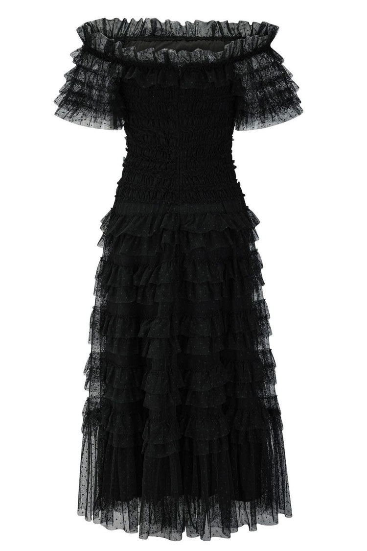 Vintage Layered Ruffle Off Shoulder Dotted Tulle Cocktail Midi Dress - Black Fashionpara