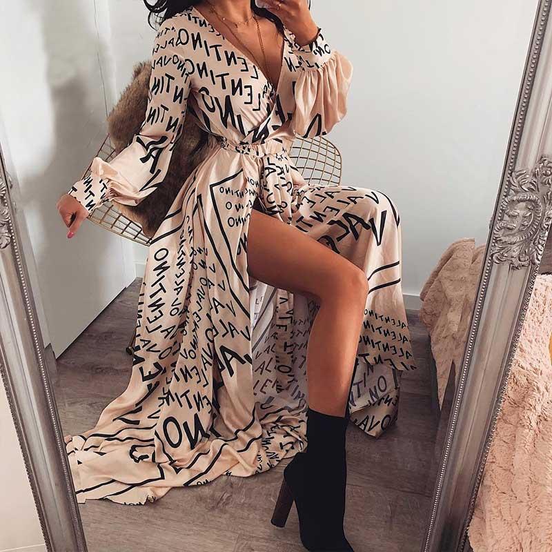 Letter Print V-Neck Long Sleeve Wrap Maxi Dress