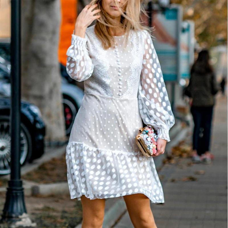 Polka Dot Mesh Long Sleeve Lace Ruffle Mini Dress 2