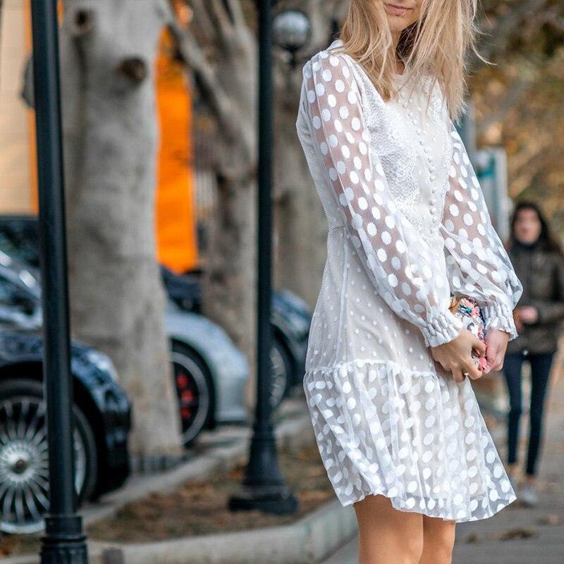 Polka Dot Mesh Long Sleeve Lace Ruffle Mini Dress 3