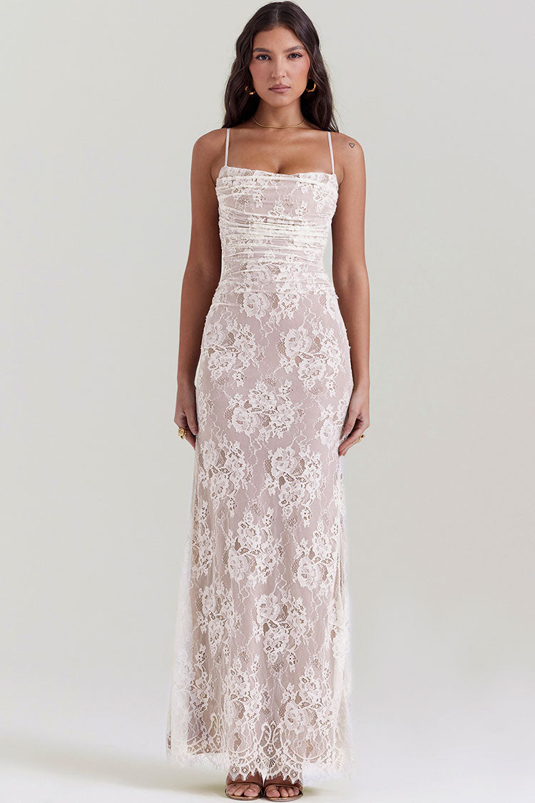 Vintage Long Sleeve Shrug Floral Lace Sleeveless Evening Maxi Dress - Cream Fashionpara