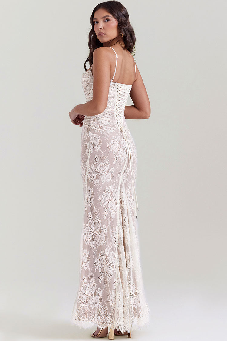 Vintage Long Sleeve Shrug Floral Lace Sleeveless Evening Maxi Dress - Cream Fashionpara