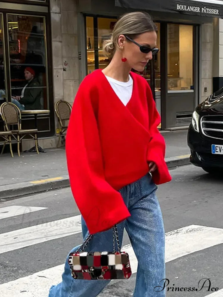 Vintage Loose Casual V Neck Long Sleeve Pullover Christmas Sweater