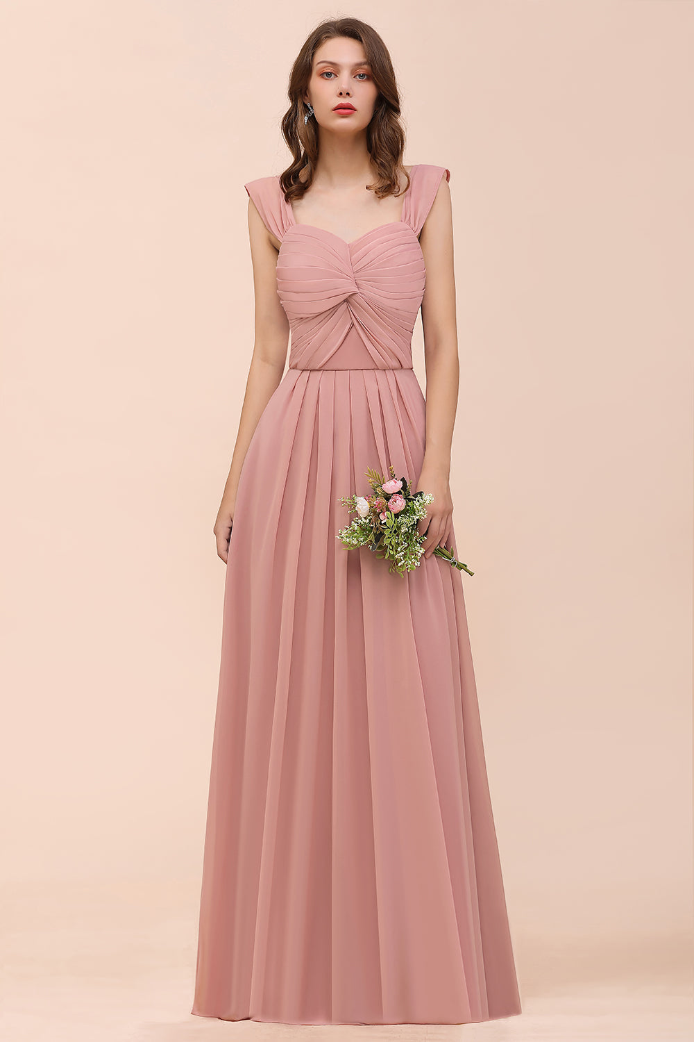 Vintage Mauve Chiffon Straps Ruffle Affordable Bridesmaid Dresses - Fashionpara