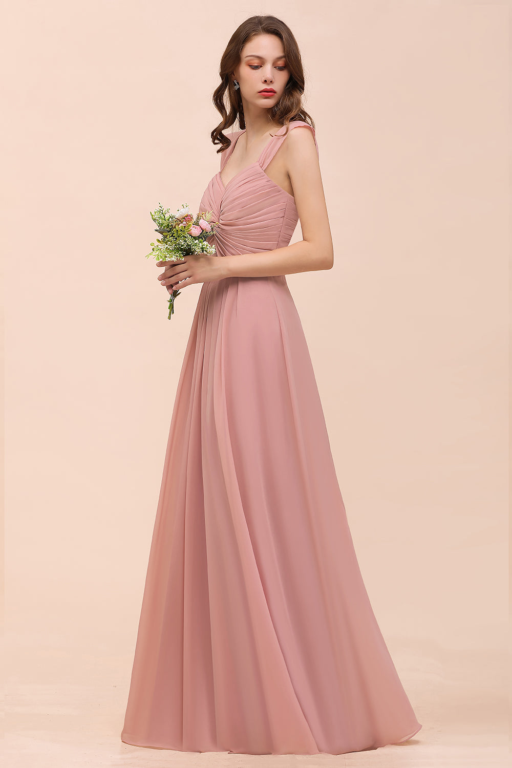 Vintage Mauve Chiffon Straps Ruffle Affordable Bridesmaid Dresses - Fashionpara