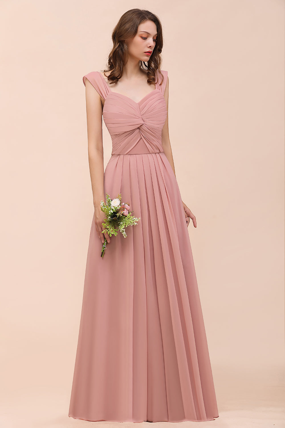 Vintage Mauve Chiffon Straps Ruffle Affordable Bridesmaid Dresses - Fashionpara