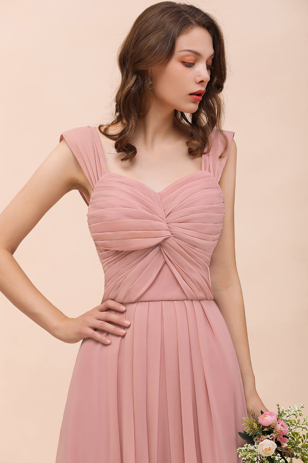 Vintage Mauve Chiffon Straps Ruffle Affordable Bridesmaid Dresses - Fashionpara