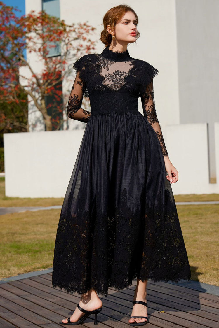 Vintage Mock Neck Sheer Lace Long Sleeve Evening Maxi Dress - Black Fashionpara
