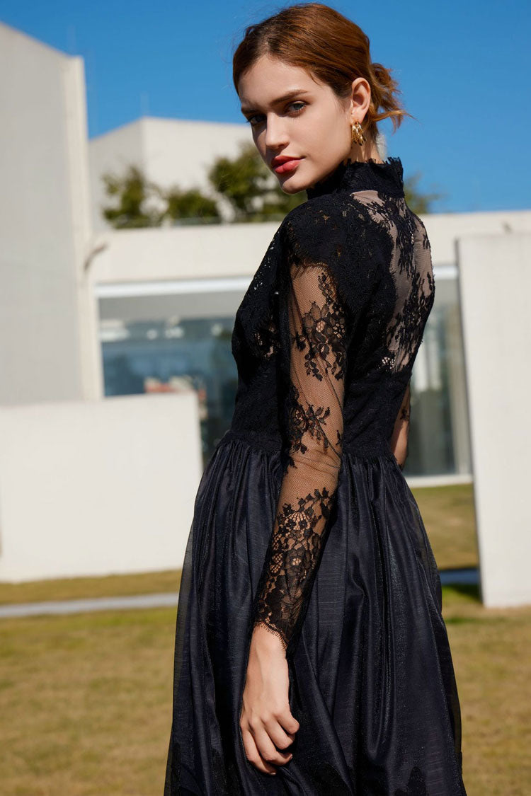 Vintage Mock Neck Sheer Lace Long Sleeve Evening Maxi Dress - Black Fashionpara
