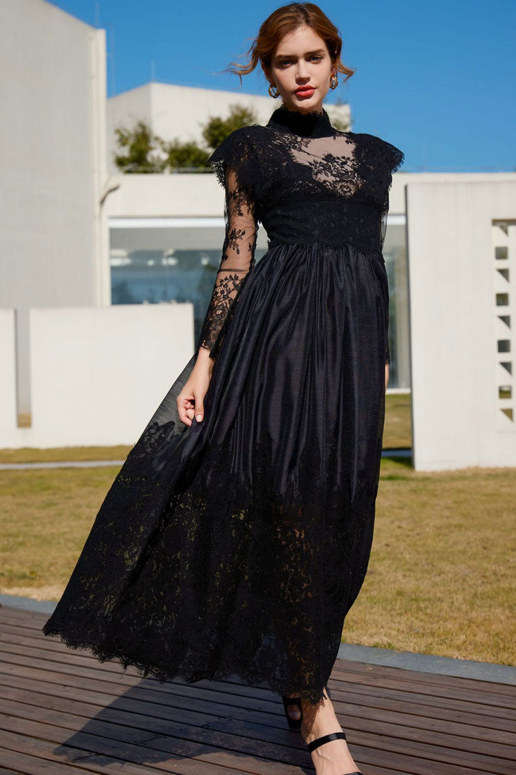 Vintage Mock Neck Sheer Lace Long Sleeve Evening Maxi Dress - Black Fashionpara