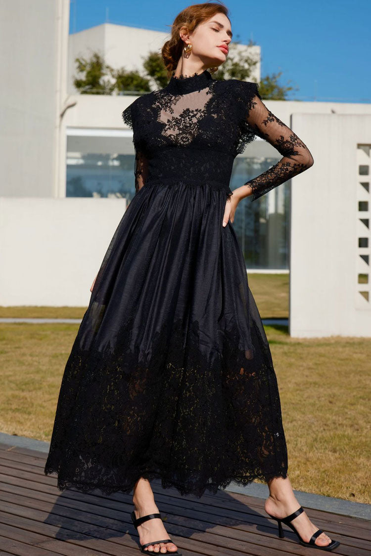 Vintage Mock Neck Sheer Lace Long Sleeve Evening Maxi Dress - Black Fashionpara