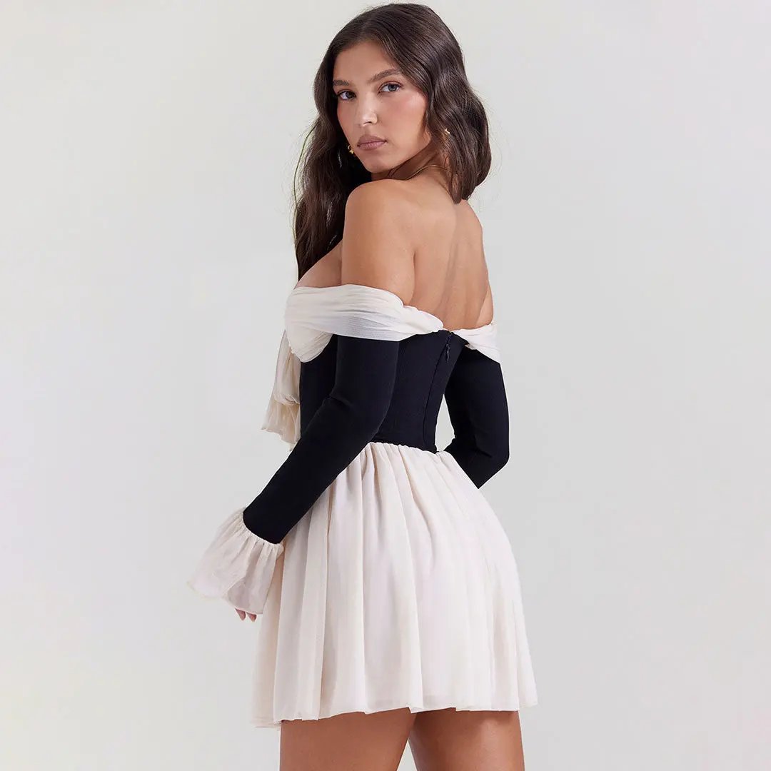 Vintage Off Shoulder Bow Tie Ruched Flowy Mini Party Dress - Black Fashionpara