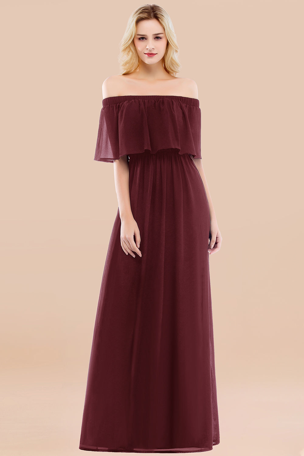 Vintage Off-the-Shoulder Long Burgundy Bridesmaid Dresses with Ruffle - Fashionpara