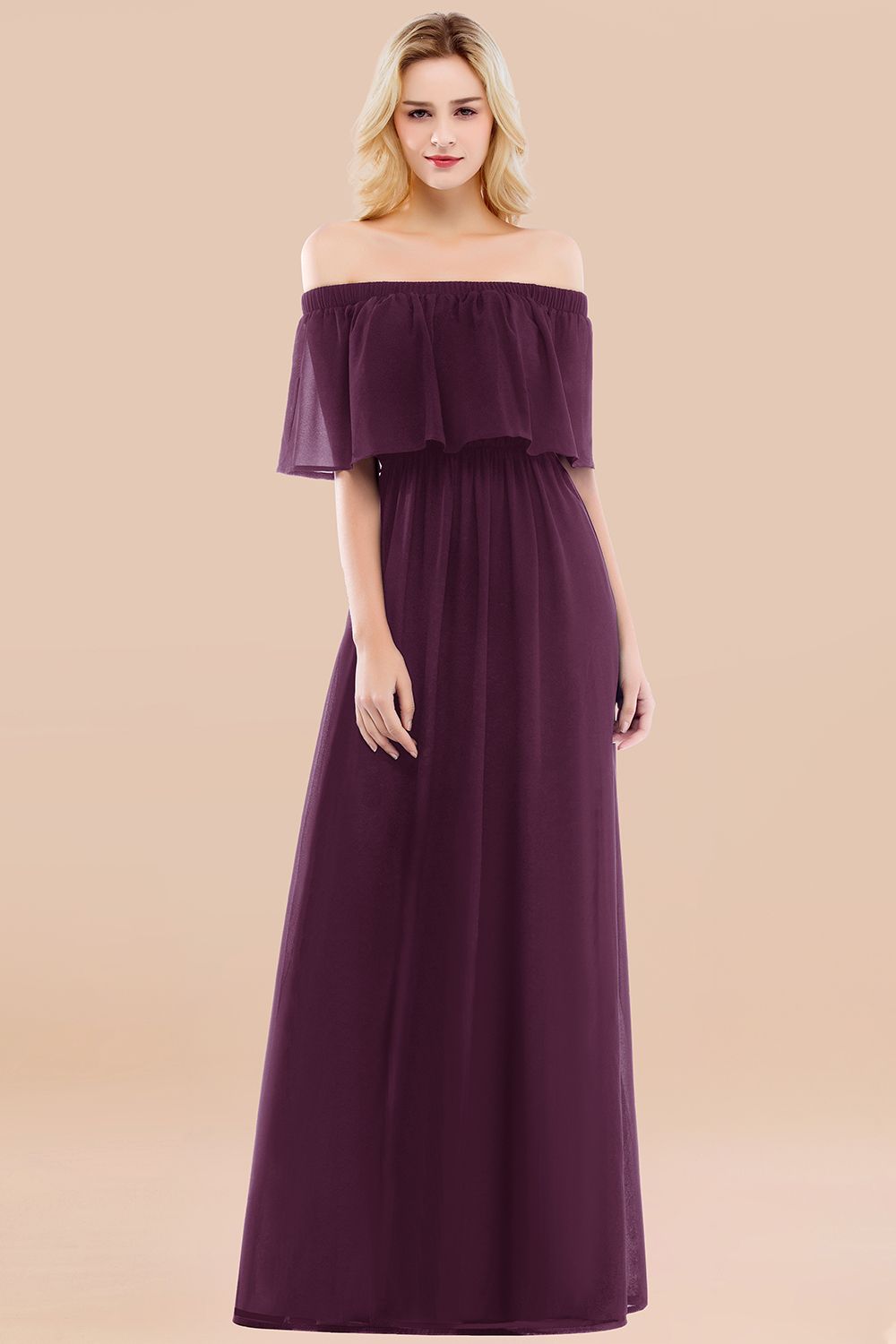Vintage Off-the-Shoulder Long Burgundy Bridesmaid Dresses with Ruffle - Fashionpara