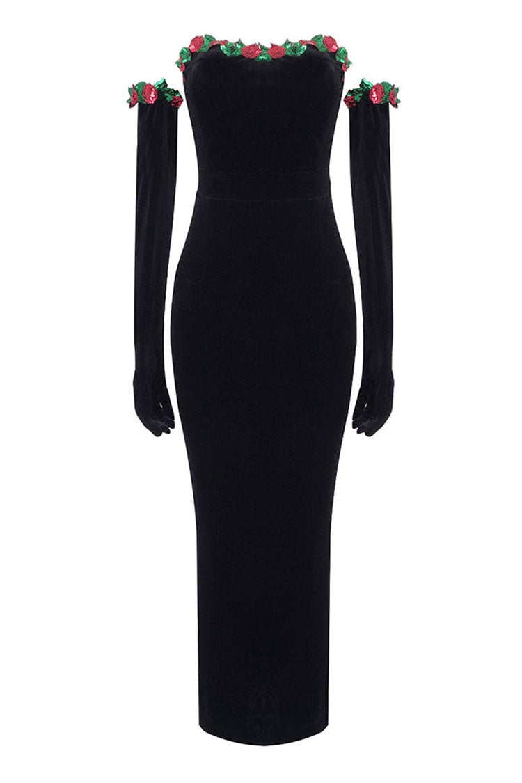 Vintage Opera Glove Sequined Rosette Strapless Velvet Evening Maxi Dress - Fashionpara