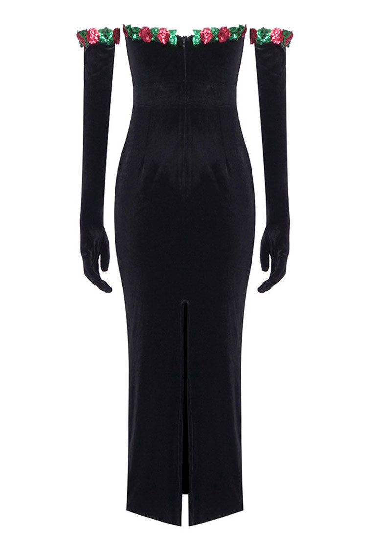 Vintage Opera Glove Sequined Rosette Strapless Velvet Evening Maxi Dress - Fashionpara