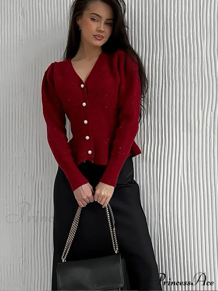 Vintage Pearl Button Slim Fit V-Neck Long Sleeve Christmas Sweater