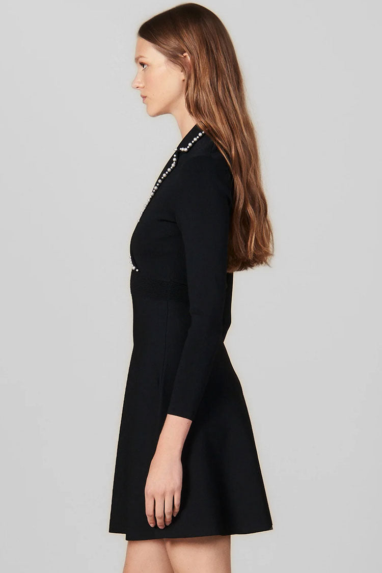 Vintage Pearl Lapel Long Sleeve Fit & Flare Sweater Mini Dress - Black  Fashionpara