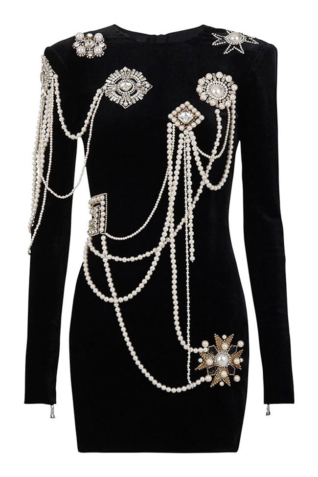 Vintage Pearl Tassel Rhinestone Long Sleeve Velvet Party Mini Dress - Black - Fashionpara