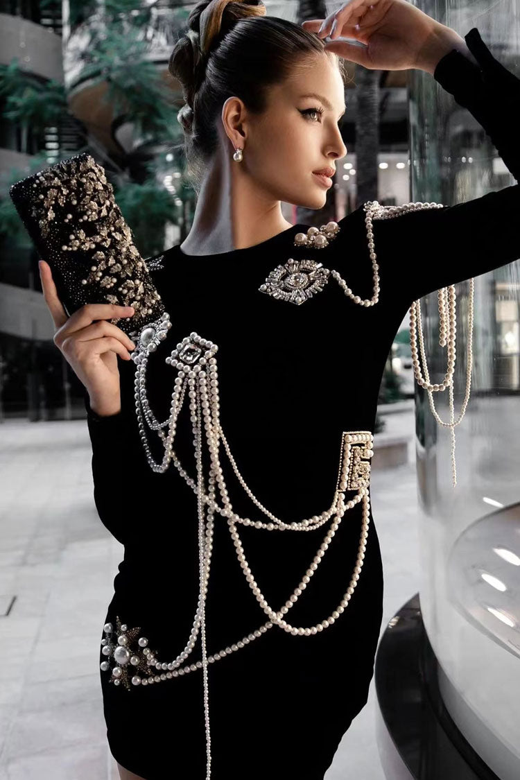 Vintage Pearl Tassel Rhinestone Long Sleeve Velvet Party Mini Dress - Black - Fashionpara
