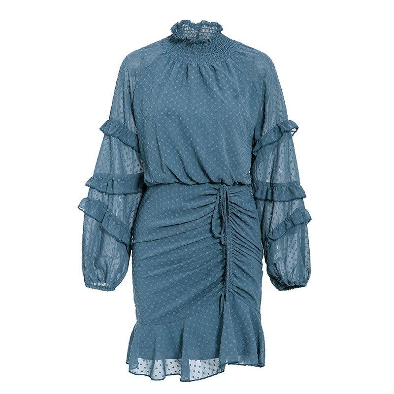 Polka Dot Mock Neck Long Sleeve Ruched Ruffle Mini Dress 16