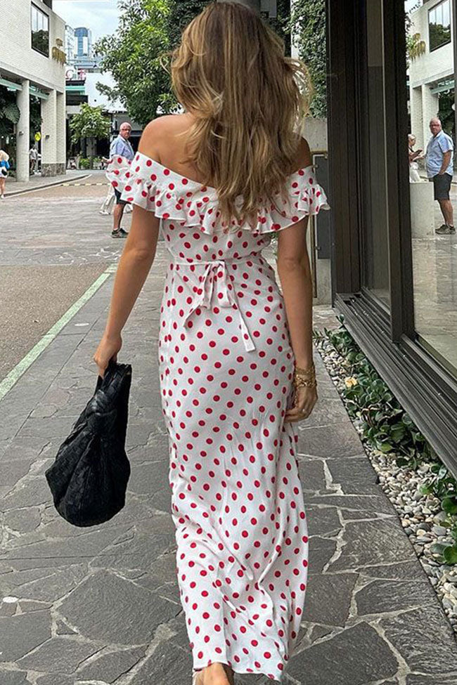 Vintage Polka Dot Printed Ruffle Off Shoulder Summer Midi Sundress - White