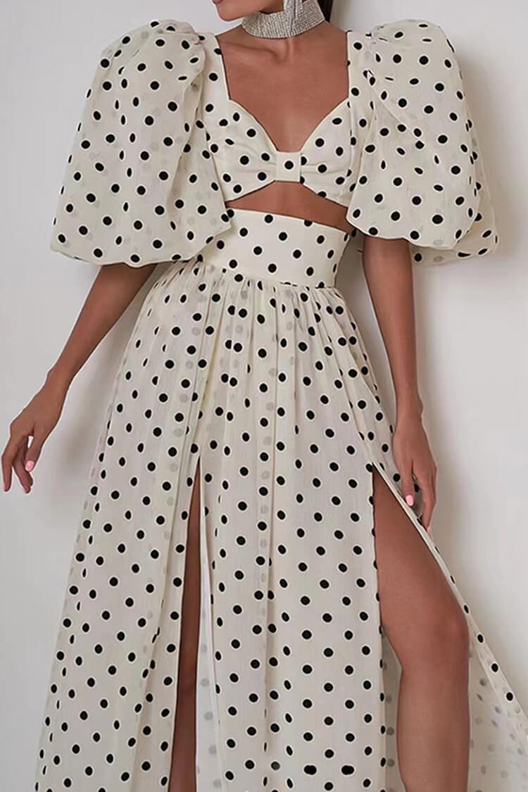 Vintage Polka Dot Puff Sleeve Bra Top High Rise Split Two Piece Maxi Dress - Fashionpara