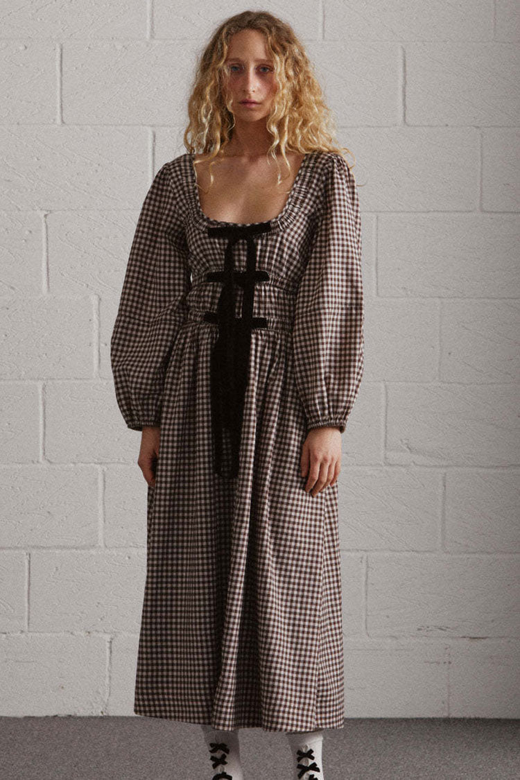 Vintage Print Bow Scoop Neck Bishop Sleeve Smock Beach Vacation Midi Dress