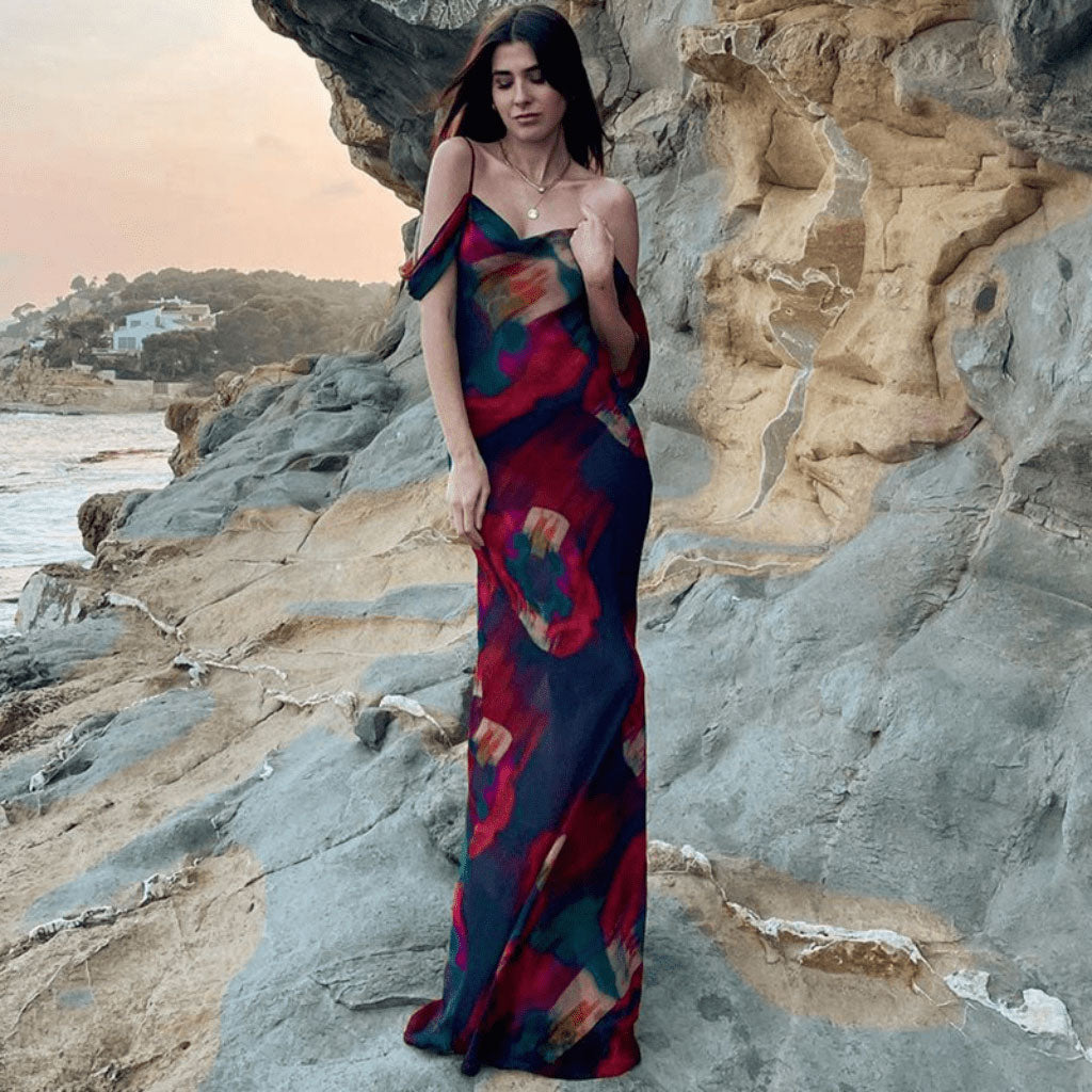Abstract Print Cowl Neck Cold-Shoulder Slip Maxi Dress