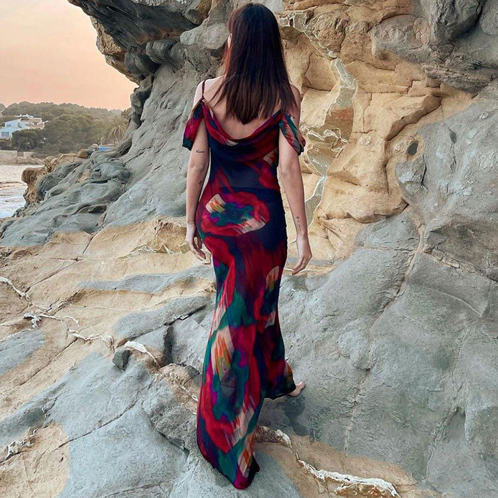 Abstract Print Cowl Neck Cold-Shoulder Slip Maxi Dress 2