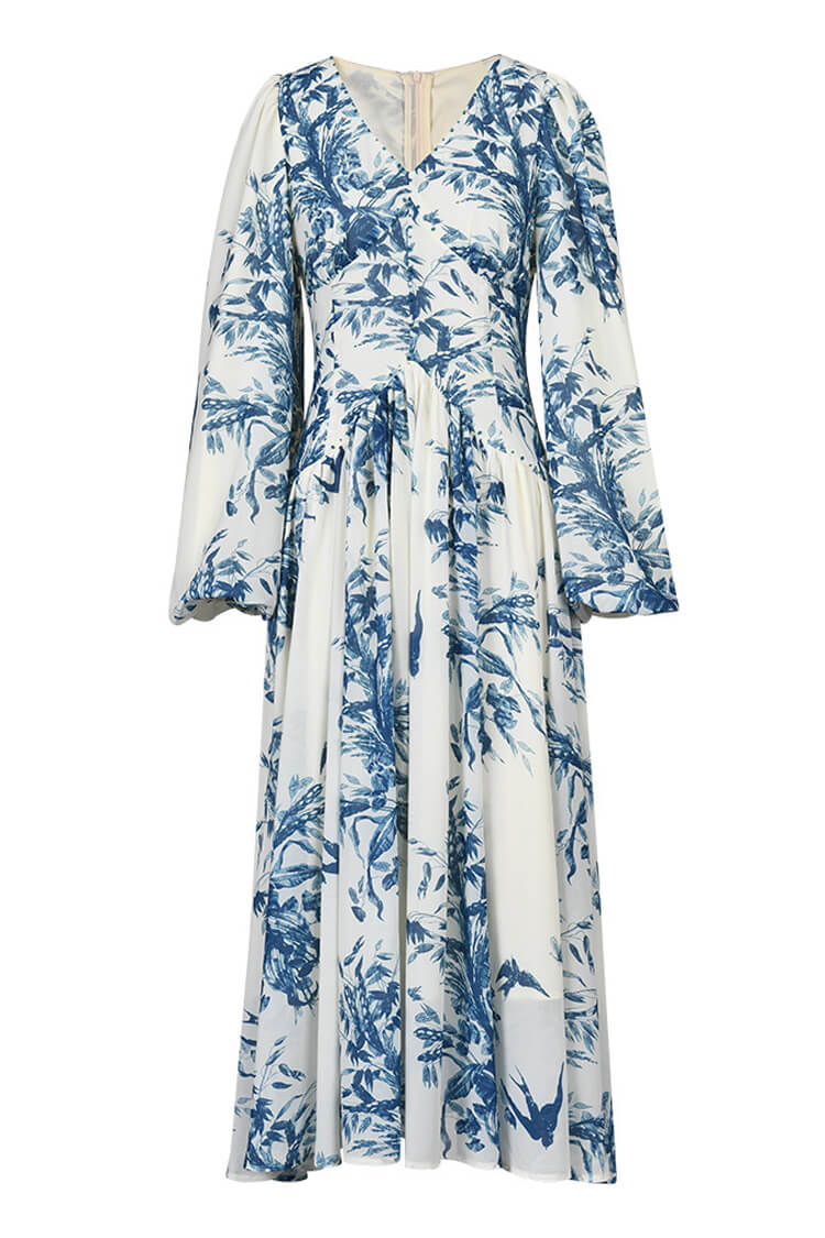 Vintage Printed V Neck Beaded Trim Bishop Sleeve Beach Vacation Midi Dress - Fashionpara