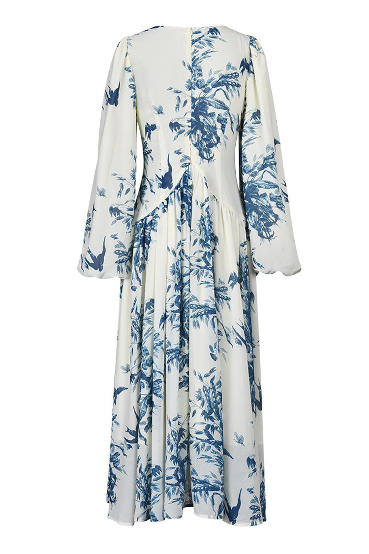 Vintage Printed V Neck Beaded Trim Bishop Sleeve Beach Vacation Midi Dress - Fashionpara