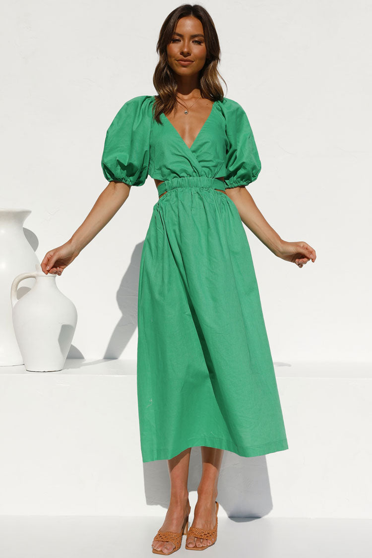 Vintage Puff Sleeve Deep V Cutout Beach Vacation Midi Dress - Green  Fashionpara
