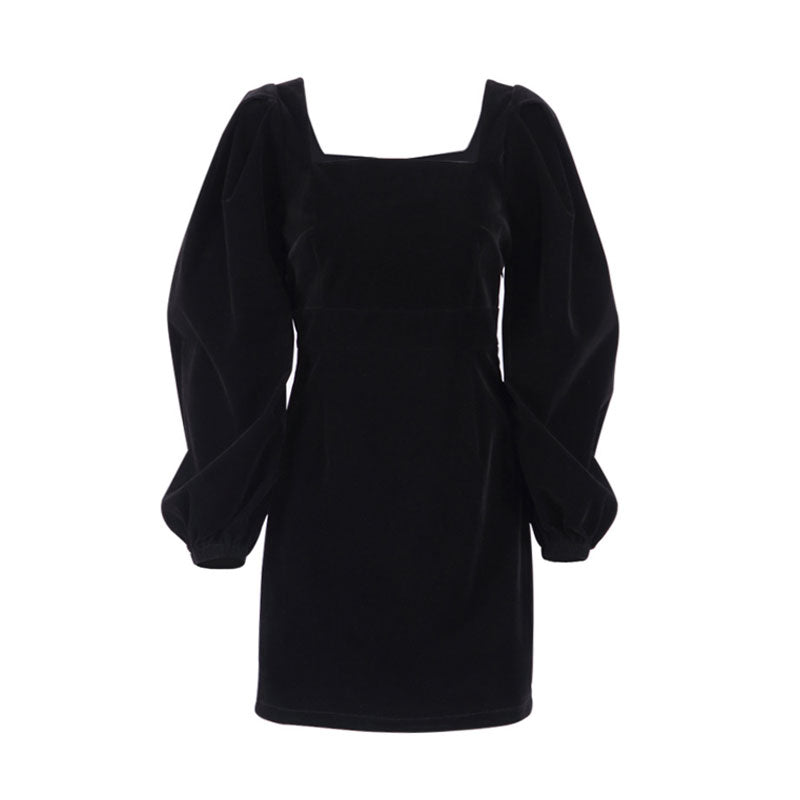 Velvet Square Neck Puff Sleeve Bodycon Mini Dress 3