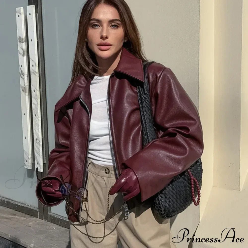 Vintage Red Leather Lapel Coat Wine / S Coats-241208