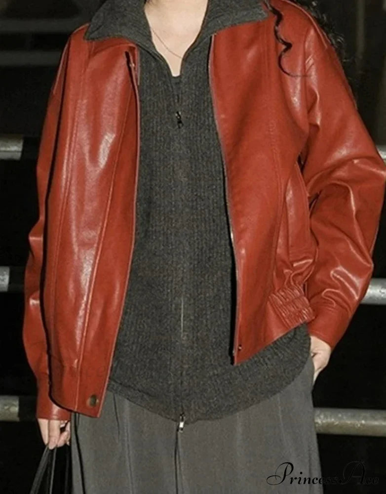 Vintage Red Leather Moto Coat - Fashionpara