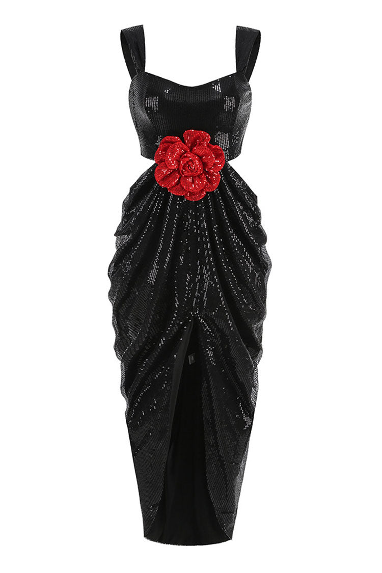 Vintage Rosette Cutout Side Draped Sleeveless Sequin Formal Maxi Dress