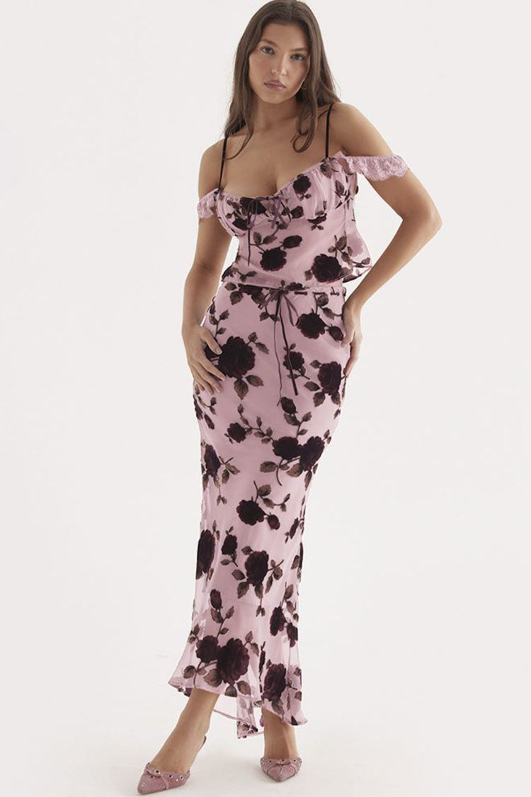 Vintage Ruffle Lace Trim Mesh High Waist Two Piece Maxi Dress - Floral Fashionpara