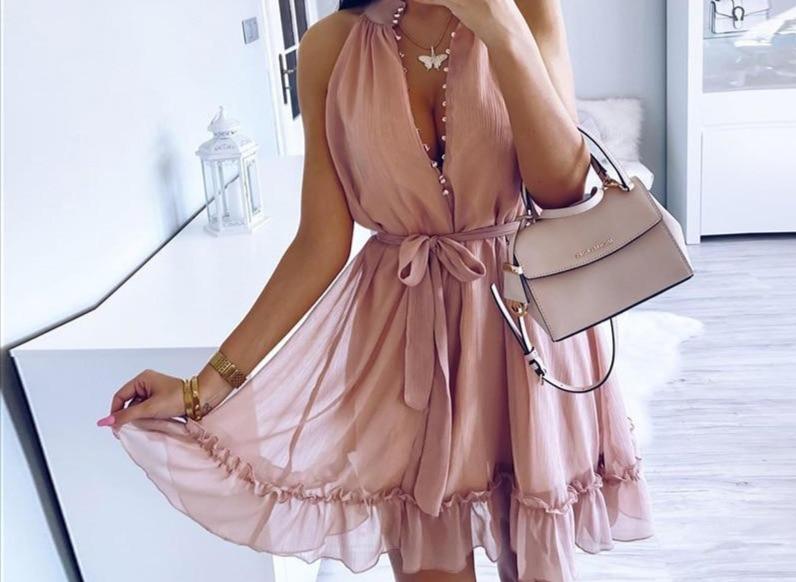 Chiffon Halter Button-Front Belted Ruffle-Hem Mini Dress 7