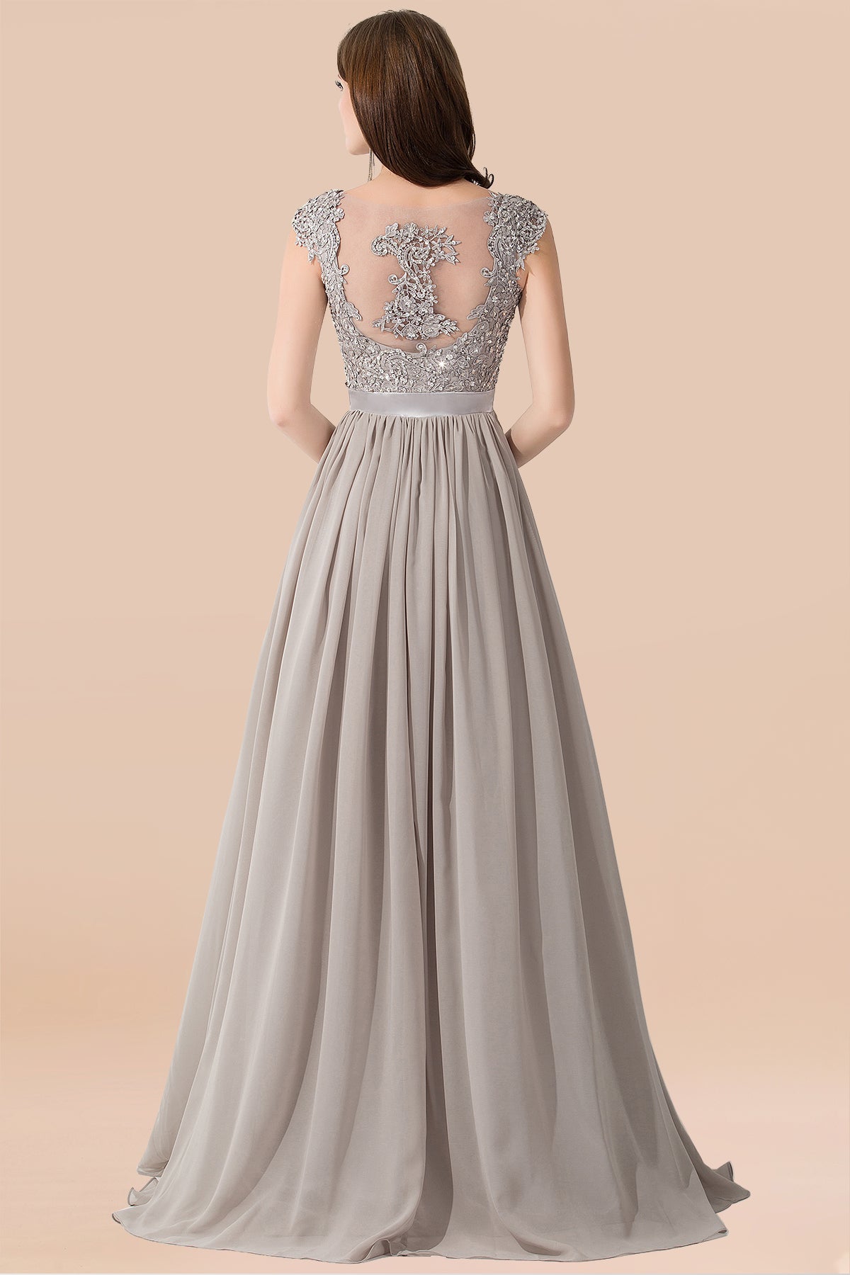 Vintage Silver Sleeveless Long Bridesmaid Dresses With Appliques - Fashionpara