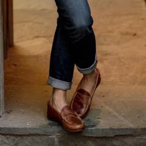 Vintage Slip On Loafers Low Heel Pu Leather Loafers