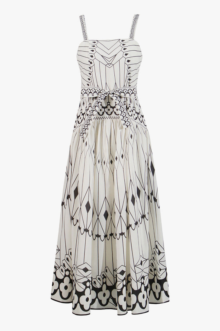 Vintage Square Neck Belted Smocked Floral Print Midi Sundress