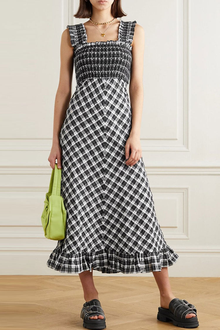 Vintage Square Neck Suspender Strap Smocked Plaid Midi Sundress - Black  Fashionpara
