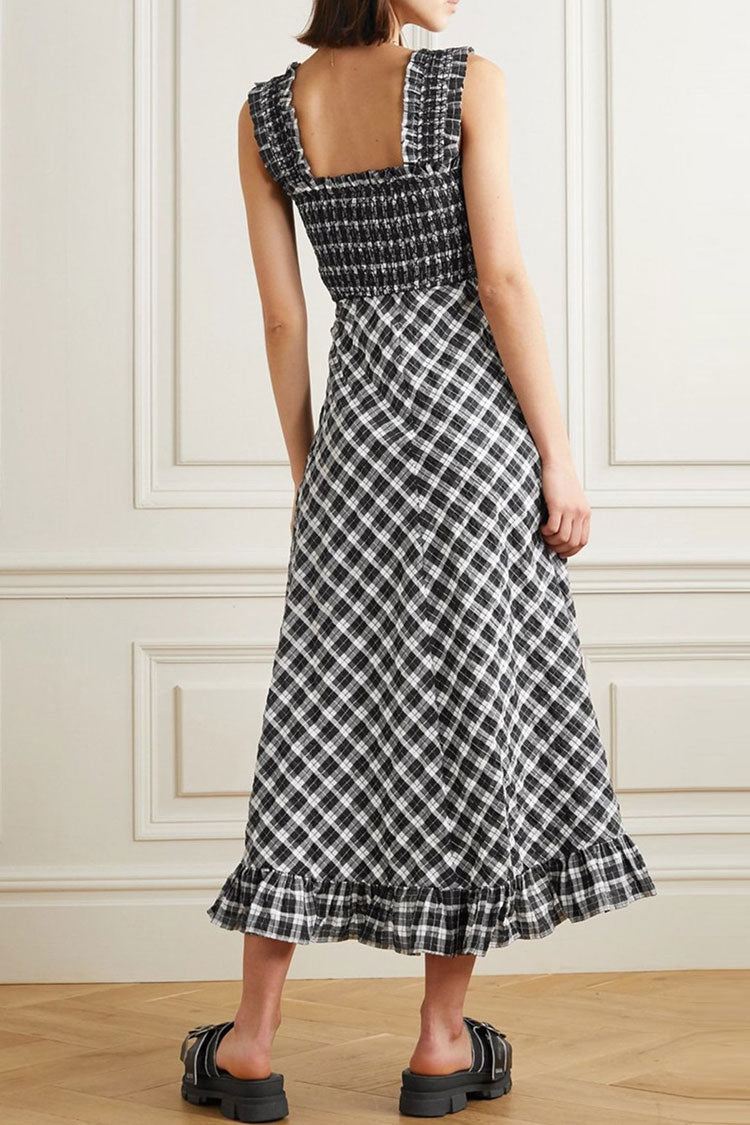 Vintage Square Neck Suspender Strap Smocked Plaid Midi Sundress - Black  Fashionpara