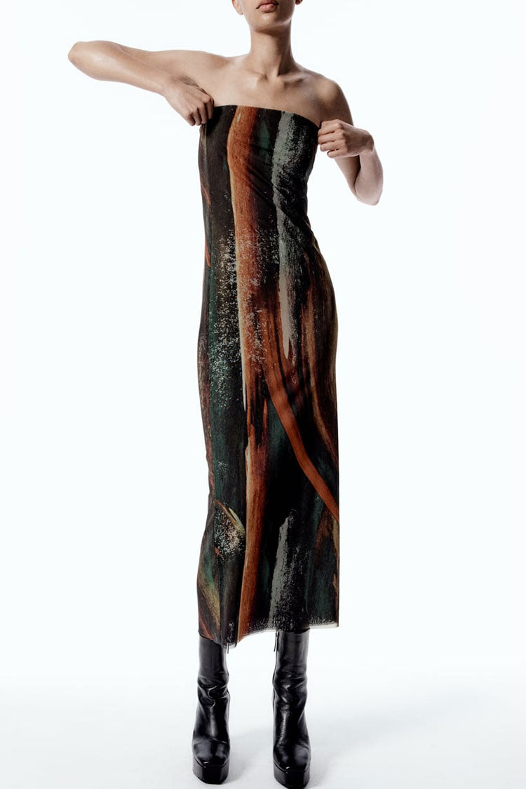 Vintage Style Abstract Printed Summer Strapless Mesh Maxi Dress - Brown  Fashionpara
