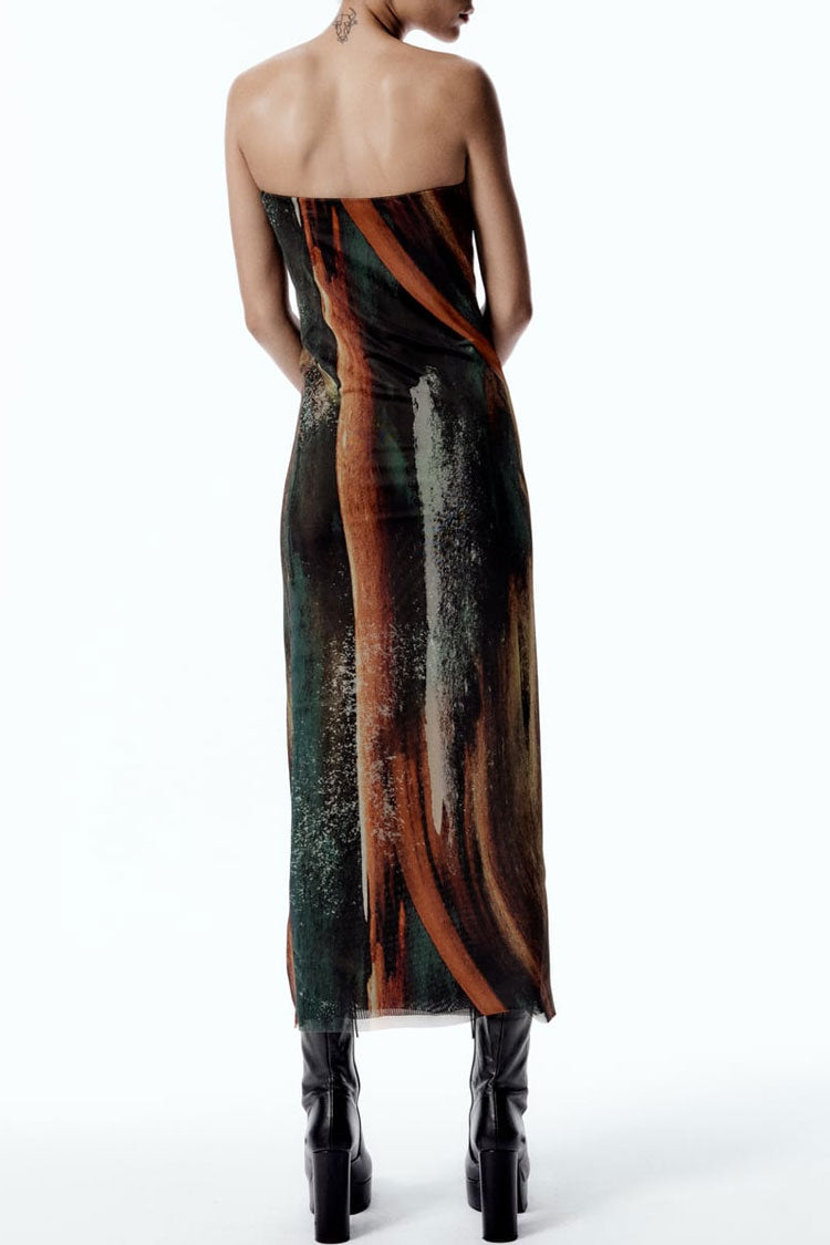Vintage Style Abstract Printed Summer Strapless Mesh Maxi Dress - Brown Fashionpara