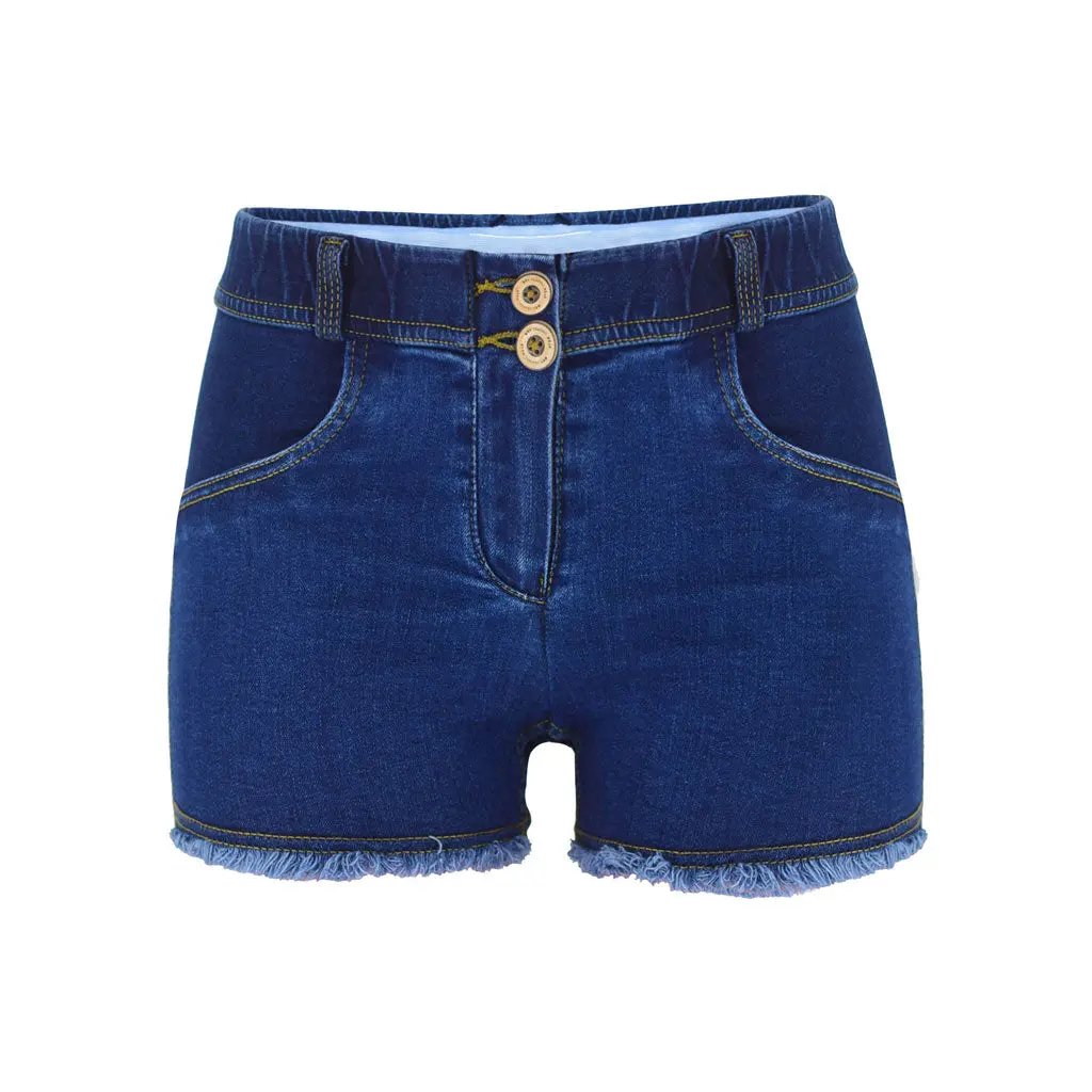 Vintage Style Low Waist Frayed Denim Shorts - Dark Blue  Fashionpara