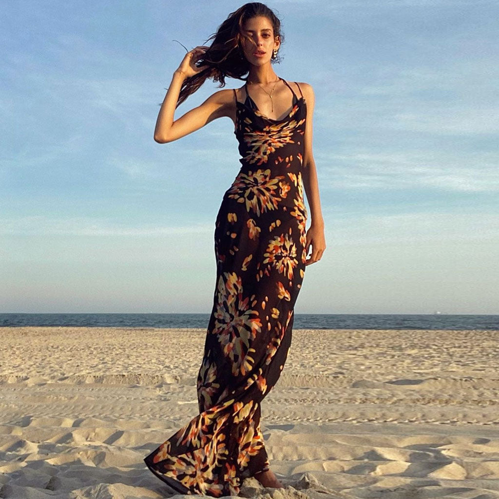 Firework Print Cowl Neck Spaghetti Strap Slip Maxi Dress
