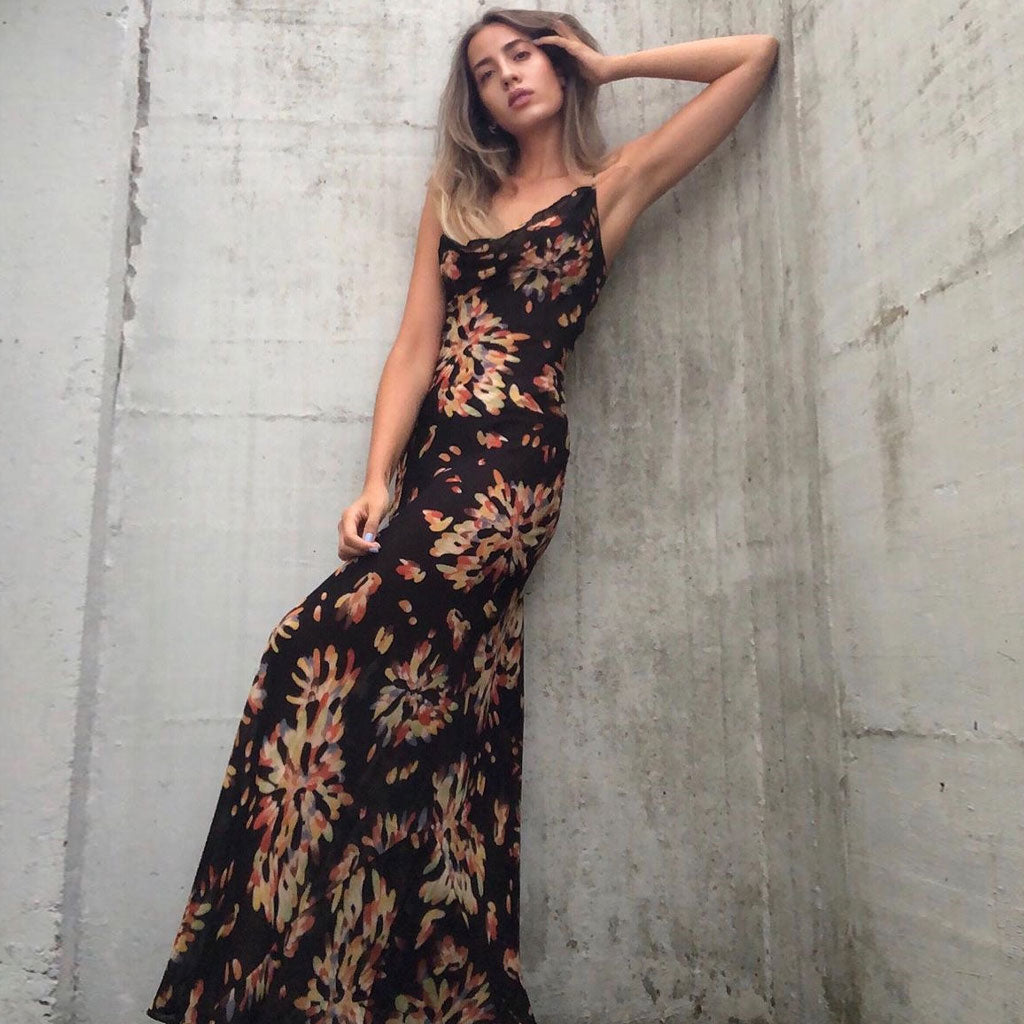 Firework Print Cowl Neck Spaghetti Strap Slip Maxi Dress 2