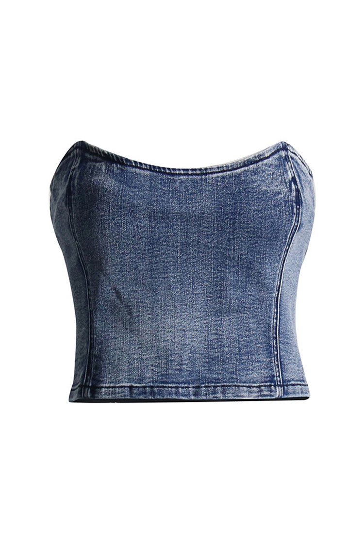 Vintage Style Sweetheart Neck Bustier Slim Fit Cropped Denim Tube Top - Fashionpara